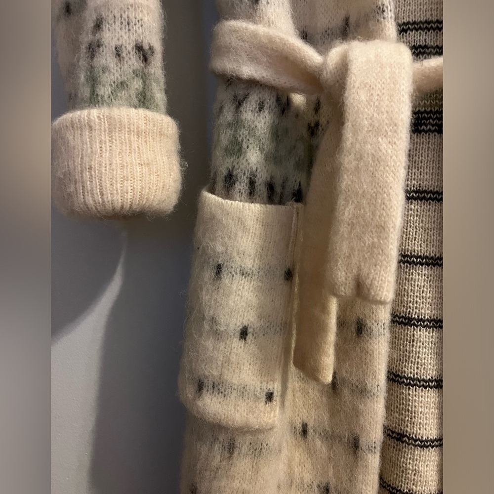 ALAFOSS ICEWOOL Ivory & Brown Virgin Wool Full-Zip Belted Sweater Coat-  Sz S - Picture 11 of 14